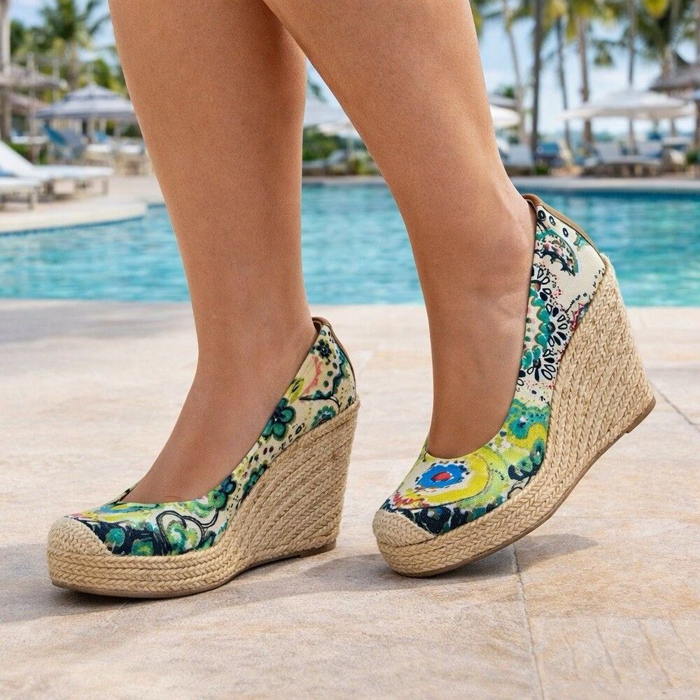 Nine West Wedges Espadrilles Heels Women Size 8.5 Boho Resort Cottage Shoes